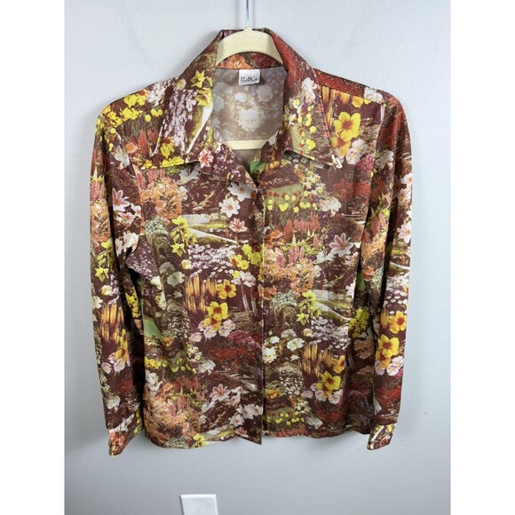 VINTAGE 70'S Bordin Knits Picture Long Sleeve Shirt Button Down Floral Fall - Picture 1 of 8